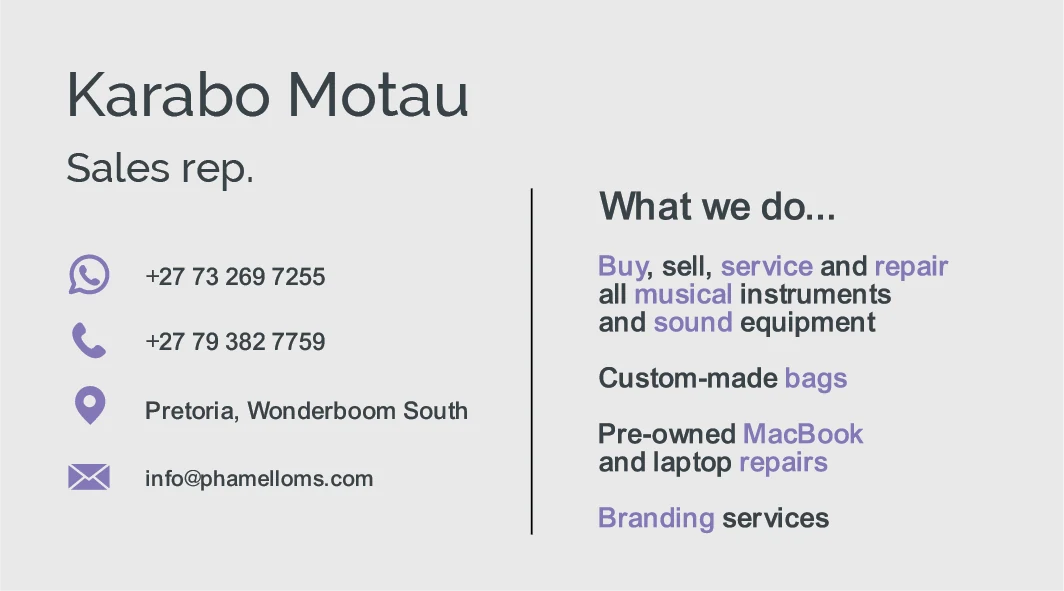 Phamello Music and Sound business card contact side