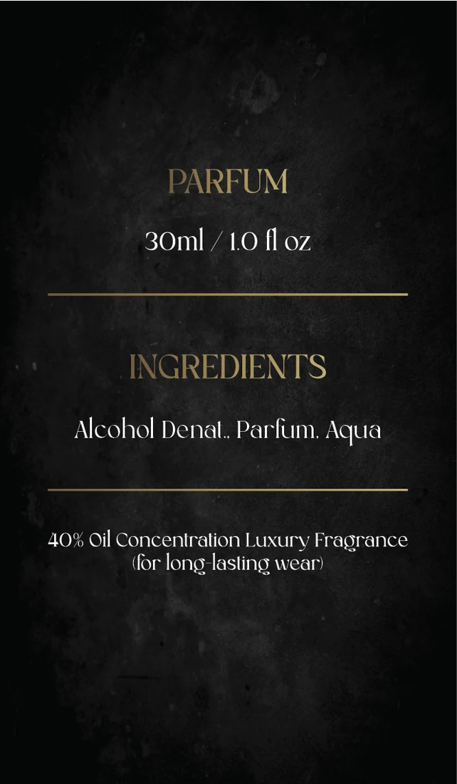 Phamello Perfumes black and gold information card
