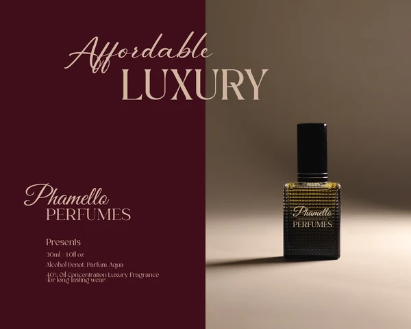 Phamello Perfumes Affordable Luxury burgundy campaign design
