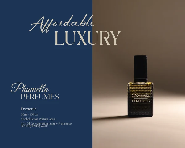 Phamello Perfumes Affordable Luxury taupe and navy campaign design
